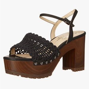 Jessica Simpson Black Crochet Platform Sandals with Wood-Effect Heel